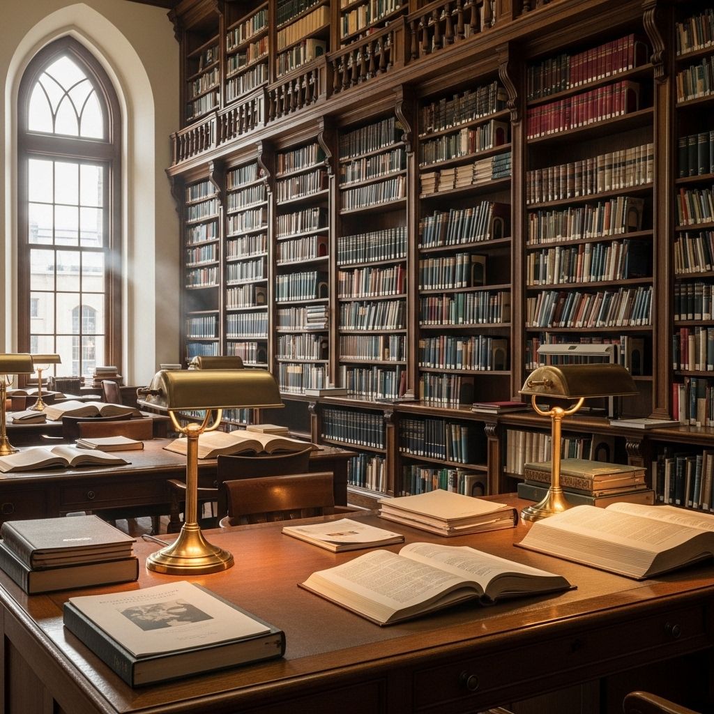 Interior of a well-organised research library with wooden shelves full of books, warm reading lamp light, a large oak desk, and tall windows casting soft daylight across open reference volumes