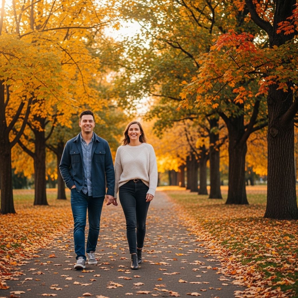 Two people walking side by side along a tree-lined autumn path in a public park, wearing casual clothing, surrounded by golden foliage and soft natural light